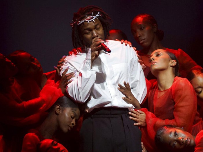 Kendrick Lamar performs at the Glastonbury Festival in Worthy Farm, Somerset, England, Sunday, June 26, 2022. (AP Photo/Scott Garfitt)