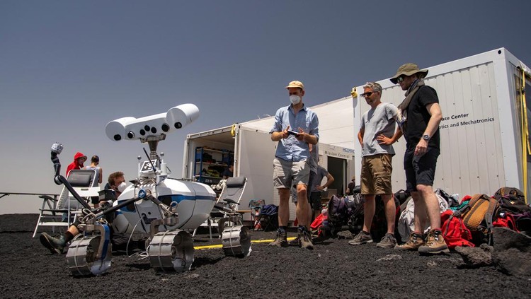 A remotely controlled robot is tested on Mount Etna for future space exploration by scientists from the European Space Agency (ESA) and the German Aerospace Center on Mount Etna, Italy June 23, 2022. Picture taken June 23, 2022. Giuseppe Di Stefano - Etna Walk/Handout via REUTERS  ATTENTION EDITORS - THIS IMAGE HAS BEEN SUPPLIED BY A THIRD PARTY.