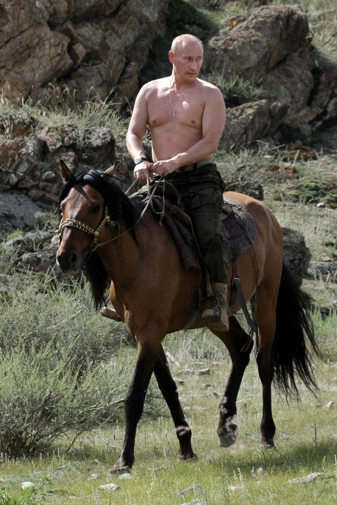 Potret Putin Berkuda Telanjang Dada yang Digibahin Petinggi G7 Russian Prime Minister Vladimir Putin is pictured with a horse during his vacation outside the town of Kyzyl in Southern Siberia on August 3, 2009. AFP PHOTO / RIA-NOVOSTI / ALEXEY DRUZHININ (Photo by ALEXEY DRUZHININ / RIA NOVOSTI / AFP) (Photo by ALEXEY DRUZHININ/RIA NOVOSTI/AFP via Getty Images)