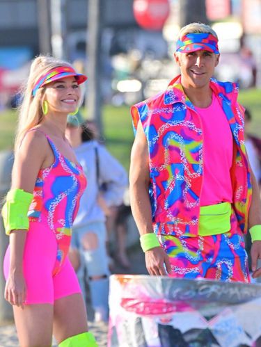 LOS ANGELES CA - JUNE 27:  Margot Robbie and Ryan Gosling on rollerblades film new scenes for 'Barbie' in Venice California. 27 Jun 2022. (Photo by MEGA/GC Images)