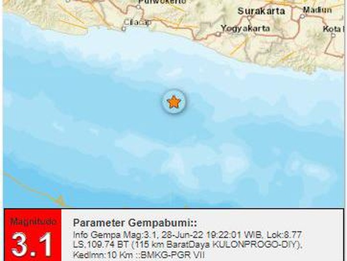 Gempa bumi M 3,1 di Kulon Progo, DIY, Selasa (28/6/2022).