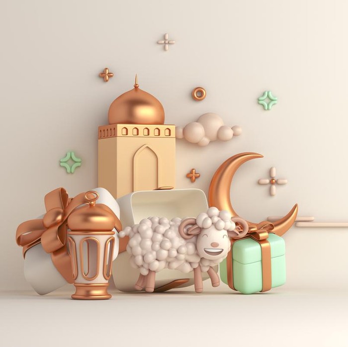 Eid al adha islamic decoration background with goat sheep arabic lantern crescent, gift box, ramadan kareem, mawlid, iftar, isra miraj, eid al fitr, muharram, copy space text area, 3D illustration.