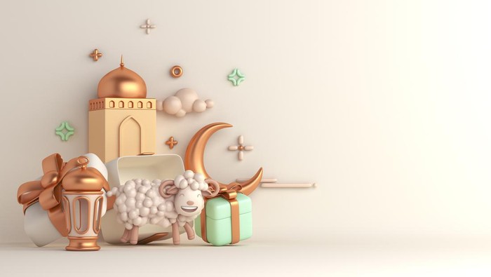 Eid al adha islamic decoration background with goat sheep arabic lantern crescent, gift box, ramadan kareem, mawlid, iftar, isra miraj, eid al fitr, muharram, copy space text area, 3D illustration.