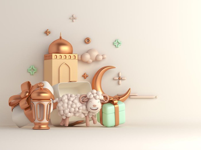 Eid al adha islamic decoration background with goat sheep arabic lantern crescent, gift box, ramadan kareem, mawlid, iftar, isra miraj, eid al fitr, muharram, copy space text area, 3D illustration.