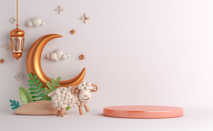 Eid al adha islamic decoration display podium background with goat sheep arabic crescent lantern, ramadan kareem, mawlid, iftar, isra  miraj, eid al fitr, muharram, copy space text, 3D illustration