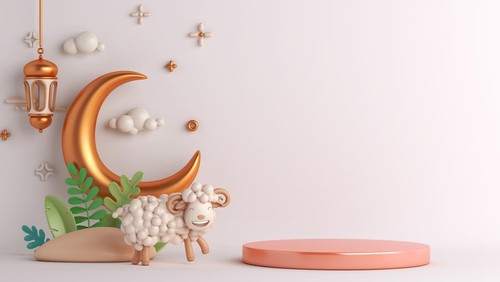 Eid al adha islamic decoration display podium background with goat sheep arabic crescent lantern, ramadan kareem, mawlid, iftar, isra  miraj, eid al fitr, muharram, copy space text, 3D illustration