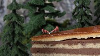 Lagi-lagi kue berlapis cokelat pekat ini dibuat menjadi tebing curam di tengah hutan. Dua ekor rubah tampak sedang berdiri di kue cokelat mirip tebing itu. Foto: Instagram @tinywasteland
