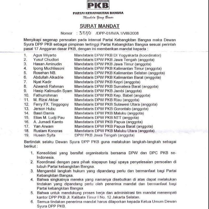 Surat Mandat PKB Gus Dur