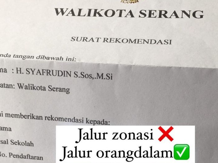 Surat rekomendasi dari Walkot Serang Syafrudin terkait penerimaan peserta didik baru (PPDB) beredar di medsos. Hoax or not? (dok Istimewa)