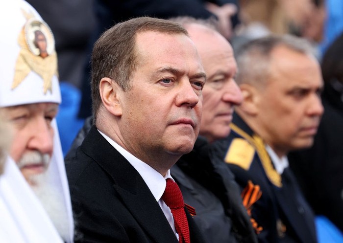 Deputy Chairman of Russias Security Council Dmitry Medvedev attends a military parade on Victory Day, which marks the 77th anniversary of the victory over Nazi Germany in World War Two, in Red Square in central Moscow, Russia May 9, 2022. Sputnik/Ekaterina Shtukina/Pool via REUTERS