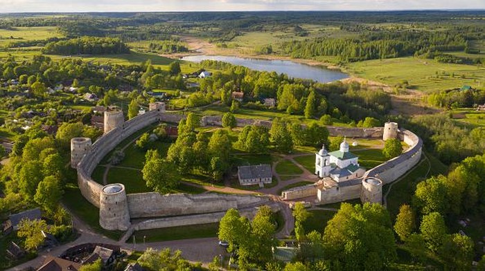 IZBORSK, PSKOV OBLAST, RUSSIA - MAY 29: An aerial view of the Izborsk Fortress was built in 1330 as an outstanding monument of the defensive architecture of Ancient Russia in Izborsk, Pskov Oblast, Russia on May 29, 2022. The fortress was a powerful defensive structure of its time, which played a huge role in the defense of the North-West of Russia, in particular the Pskov land, which from the middle of the XIV century became independent from Novgorod the Great. All attempts of the Livonian knights to seize Izborsk were unsuccessful. (Photo by Alexander Manzyuk/Anadolu Agency via Getty Images)