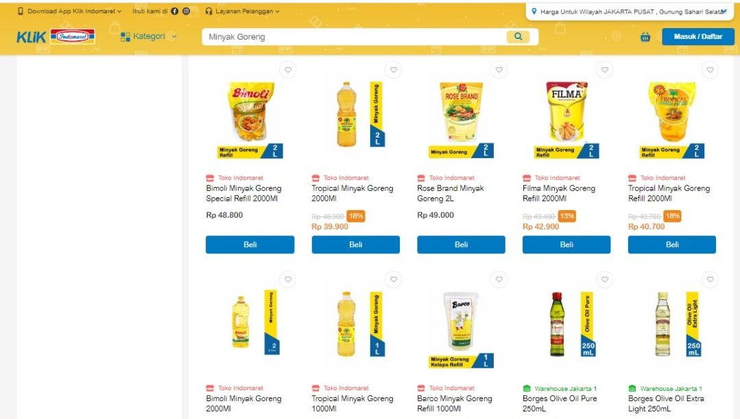 Penjualan minyak goreng di toko online (Tangkapan layar)