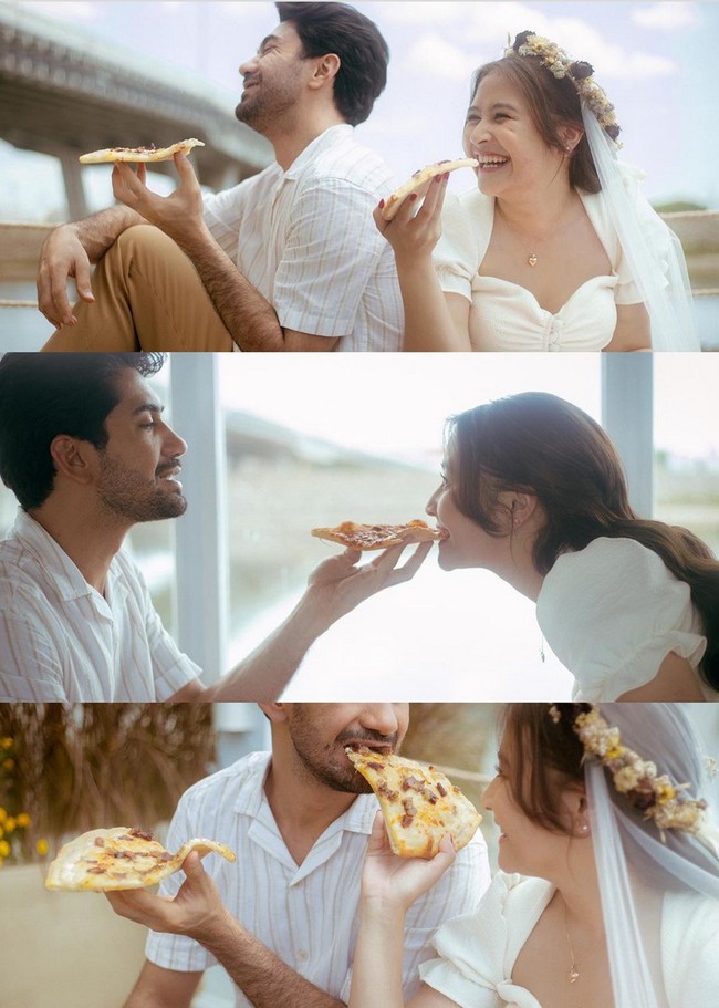 Pesanlah makanan favorit untuk jadi properti dalam pemotretan pre-wedding. Saling menyuapi dan makan bersama bisa menghadirkan kemesraan yang terlihat natural. Foto: Tangkapan Layar YouTube Prilly Latuconsina