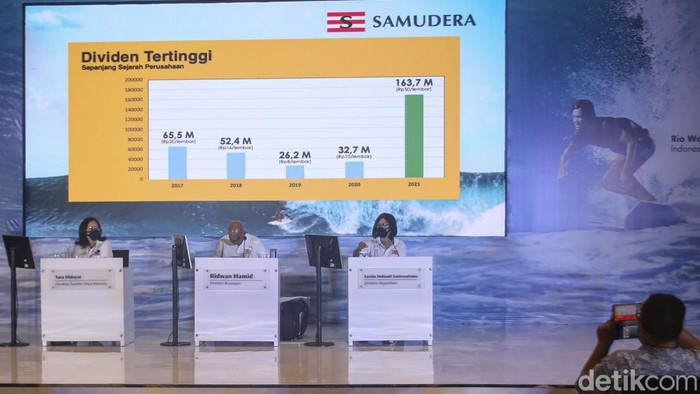 PT Samudera Indonesia Tbk (SMDR) gelar RUPS Tahunan. RUPS menyetujui pembagian dividen sebesar Rp 50 per lembar saham atau total Rp 163,7 miliar.