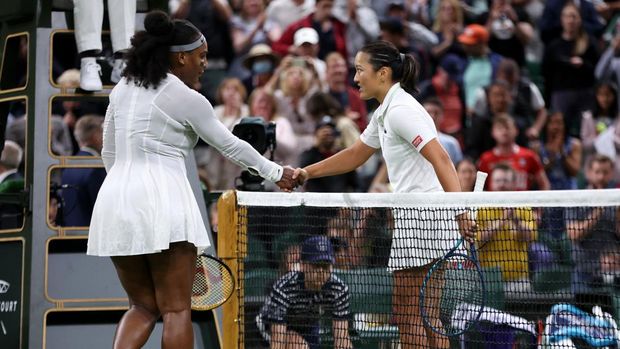 LONDON, ENGLAND - JUNE 28: Harmony Tan of France (R) interacts with Serena Williams of The United States after winning their Women's Singles First Round Match on day two of The Championships Wimbledon 2022 at All England Lawn Tennis and Croquet Club on June 28, 2022 in London, England. (Photo by Clive Brunskill/Getty Images)