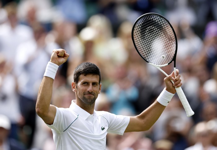 Novak Djokovic celebrates beating Thanasi Kokkinakis during day three of the 2022 Wimbledon Championships at the All England Lawn Tennis and Croquet Club, Wimbledon. Picture date: Wednesday June 29, 2022. (Photo by Steven Paston/PA Images via Getty Images)