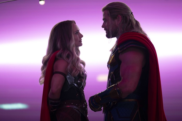 (L-R): Natalie Portman as Mighty Thor and Chris Hemsworth as Thor in Marvel Studios THOR: LOVE AND THUNDER. Photo by Jasin Boland. ©Marvel Studios 2022. All Rights Reserved.
