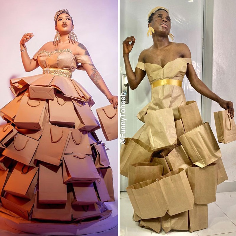 Aktor, komedian, model sekaligus influencer Funny Toheeb punya sejumlah kreasi mengikuti gaya seleb yang bikin ketawa. Berikut ini contohnya.