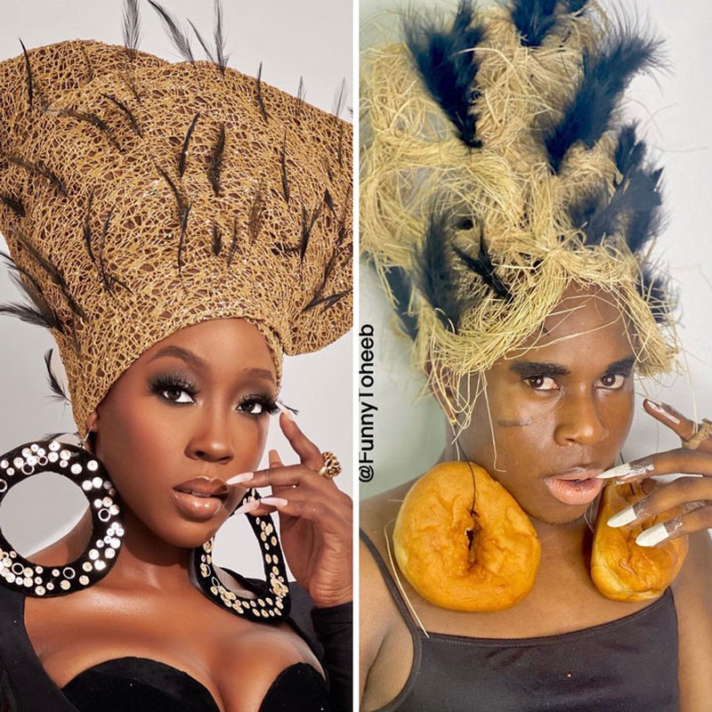 Aktor, komedian, model sekaligus influencer Funny Toheeb punya sejumlah kreasi mengikuti gaya seleb yang bikin ketawa. Berikut ini contohnya.