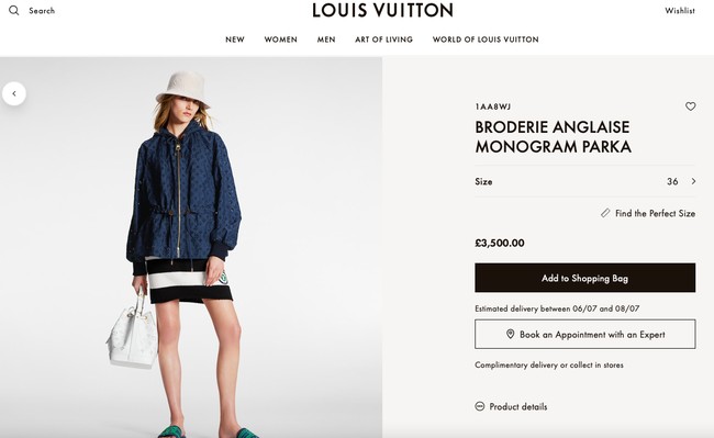 Jaket Iriana ini mirip dengan Broderie Anglaise Monogram Parka yang dijual Louis Vuitton seharga 3.500 pound sterling atau sekitar Rp 63 juta. (Foto: Dok. Louis Vuitton UK)