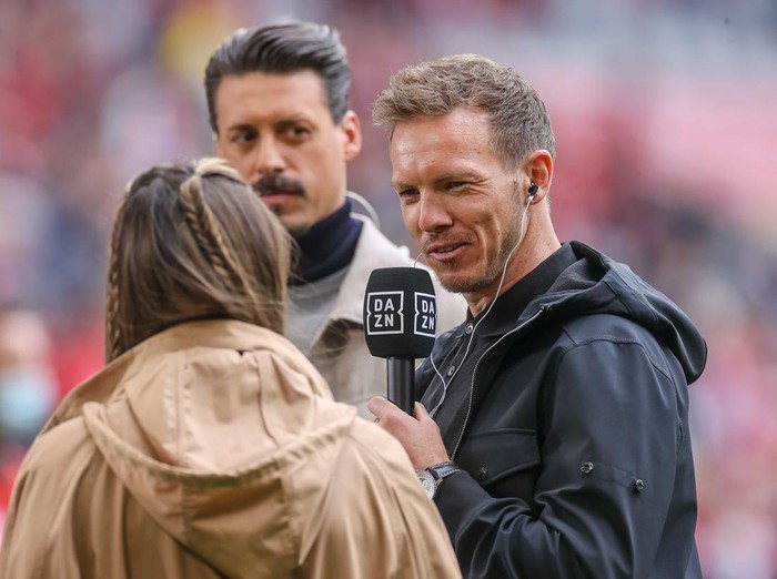 MUNICH, GERMANY - MAY 08: head coach Julian Nagelsmann of Bayern Muenchen gives an interview prior to the Bundesliga match between FC Bayern München and VfB Stuttgart at Allianz Arena on May 8, 2022 in Munich, Germany. (Photo by Roland Krivec/vi/DeFodi Images via Getty Images)