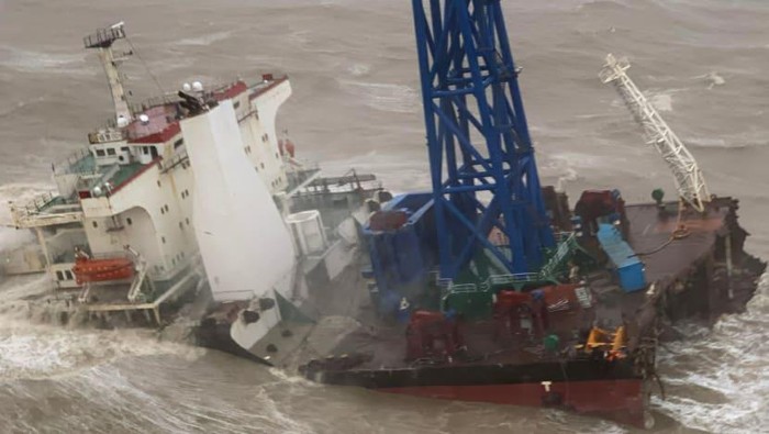 A ship after it broke into two amid Typhoon Chaba, during a rescue operation of the crew members in the South China Sea 160 nautical miles southwest of Hong Kong. (Photo: AFP/Government Flying Service)
