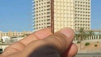 Terlalu kreatif, netizen ini melihat sebuah wafer seolah seperti susunan gedung. Saat disamakan ternyata gedung yang ada di depannya benar-benar mirip seperti wafer yang dipegang. Foto: Bored Panda