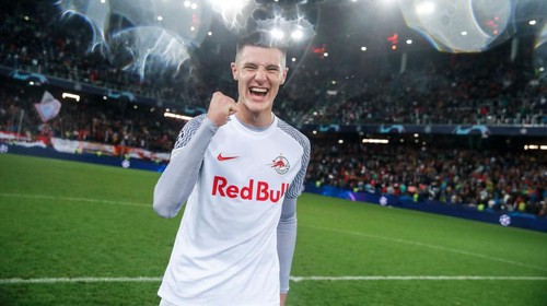 SALZBURG, AUSTRIA - SEPTEMBER 29: Benjamin Sesko of FC Salzburg reacts after the UEFA Champions League group G match between FC Salzburg and Lille OSC at Red Bull Arena on September 29, 2021 in Salzburg, Austria. (Photo by Jasmin Walter - FC Red Bull Salzburg/FC Red Bull Salzburg via Getty Images)