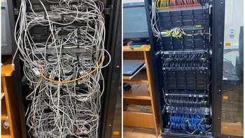 Sebelum dan setelah sebuah rak jaringan di sebuah kantor dirapihkan. Kan enak dilihatnya. Foto: Brightside