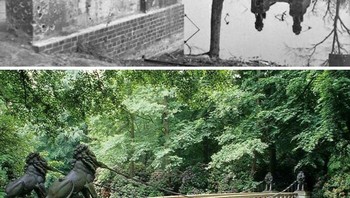 Daerah Tiergarten terkenal dengan taman besar bernama sama, lokasi berdirinya kebun binatang Berlin. Masih ada patung singanya. Foto dulu tahun 1945 yang hancur usai Perang Dunia II dan sekarang 2021. Foto: Boredpanda
