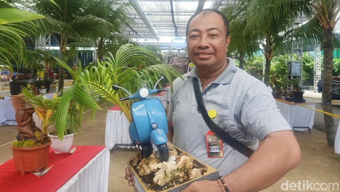 Kreatif, Pria Ini Bikin Miniatur Vespa dari Bonsai Kelapa Pria asal Bali mengubah bonsai kelapa menjadi miniatur Vespa yang sama persis dengan miliknya. Hal tersebut dilakukan untuk menunjukkan kecintaan pada Vespa, Minggu, 3/7/2022.