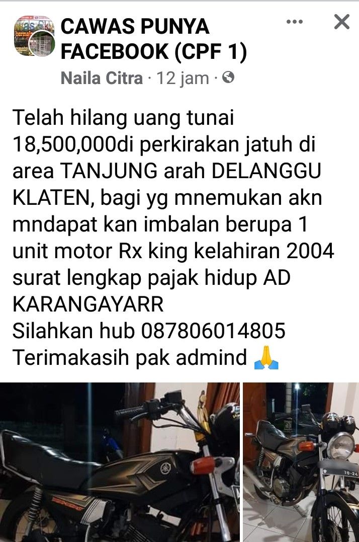 Sayembara temukan uang hilang berhadiah motor di Klaten, Minggu (3/7/2022).