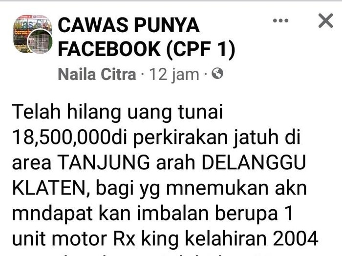 Sayembara temukan uang hilang berhadiah motor di Klaten, Minggu (3/7/2022).