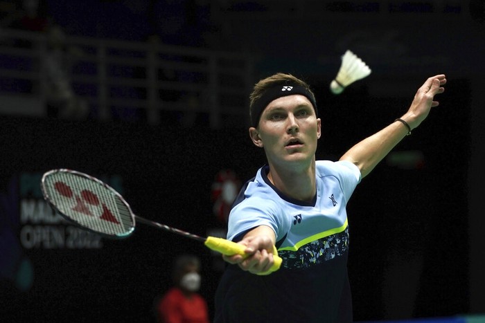 Denmarks Viktor Axelsen plays a shot against Frances Brice Leverdez during their mens singles first round match at Malaysia Open badminton tournament at Axiata Arena in Kuala Lumpur, Malaysia, Tuesday, June 28, 2022. (AP Photo/Kien Huo)