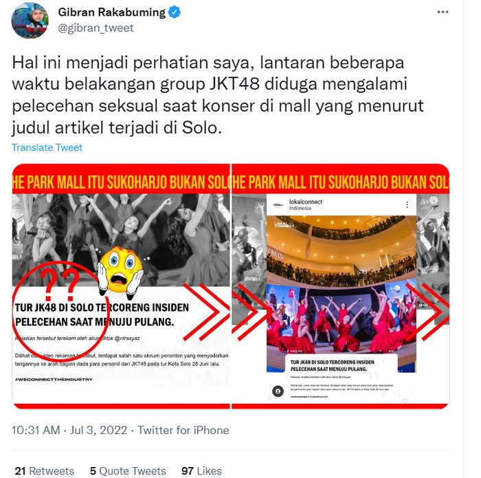 Wali Kota Solo Gibran Rakabuming menyoroti berita kasus pelecehan anggota JKT 48 di mal Solo. Gibran meluruskan mal tempat konser JKT48 bukan di Solo melainkan di Sukoharjo.