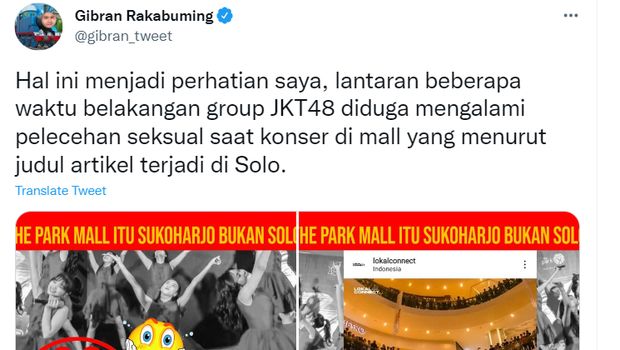 Wali Kota Solo Gibran Rakabuming menyoroti berita kasus pelecehan anggota JKT 48 di mal Solo. Gibran meluruskan mal tempat konser JKT48 bukan di Solo melainkan di Sukoharjo.