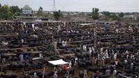 Hilir mudik pembeli hewan kurban di pasar ternak menjelang Idul Adha. Idul Adha dirayakan dengan menyembelih hewan kurban berupa, domba, kambing, sapi atau unta. Kemudian membagikan dagingnya kepada orang miskin atau yang membutuhkan.