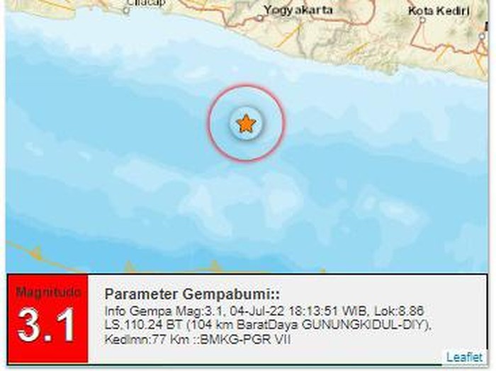 Gempa M 3,1 terjadi di barat daya Gunungkidul, Senin (4/7/2022), pukul 18.13 WIB.