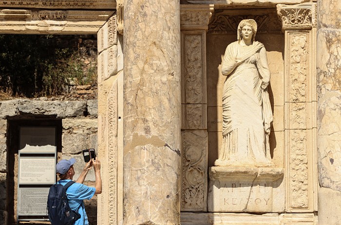IZMIR, TURKIYE - MAY 13: A view of the Ephesus Ancient City in Izmir, Turkiye on May 13, 2022. The number of visitors in the Ancient City of Ephesus, which is on the UNESCO World Cultural Heritage List, approached 10,000 daily with the decrease of the effects of the Covid-19 and the revival of cruise tourism. (Photo by Mahmut Serdar Alakus/Anadolu Agency via Getty Images)