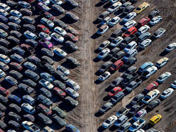 HENDERSON, NV - JANUARY 11:  Thousands of damaged and discarded vehicles are jammed into a junkyard as viewed from above the Boulder City Parkway on January 11, 2022 in Henderson, Nevada. Henderson is a city in Clark County, Nevada, about 16 miles southeast of downtown Las Vegas and is the second largest city in Nevada. (Photo by George Rose/Getty Images)