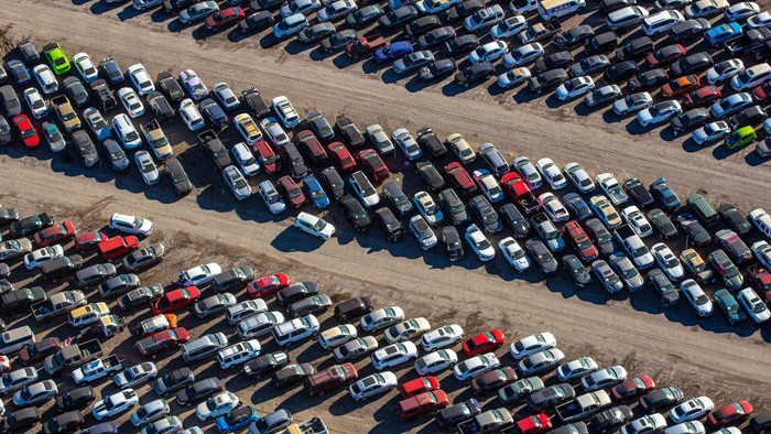 HENDERSON, NV - JANUARY 11:  Thousands of damaged and discarded vehicles are jammed into a junkyard as viewed from above the Boulder City Parkway on January 11, 2022 in Henderson, Nevada. Henderson is a city in Clark County, Nevada, about 16 miles southeast of downtown Las Vegas and is the second largest city in Nevada. (Photo by George Rose/Getty Images)