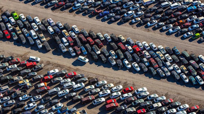 1364995749 HENDERSON, NV - JANUARY 11: Thousands of damaged and discarded vehicles are jammed into a junkyard as viewed from above the Boulder City Parkway on January 11, 2022 in Henderson, Nevada. Henderson is a city in Clark County, Nevada, about 16 miles southeast of downtown Las Vegas and is the second largest city in Nevada. (Photo by George Rose/Getty Images)