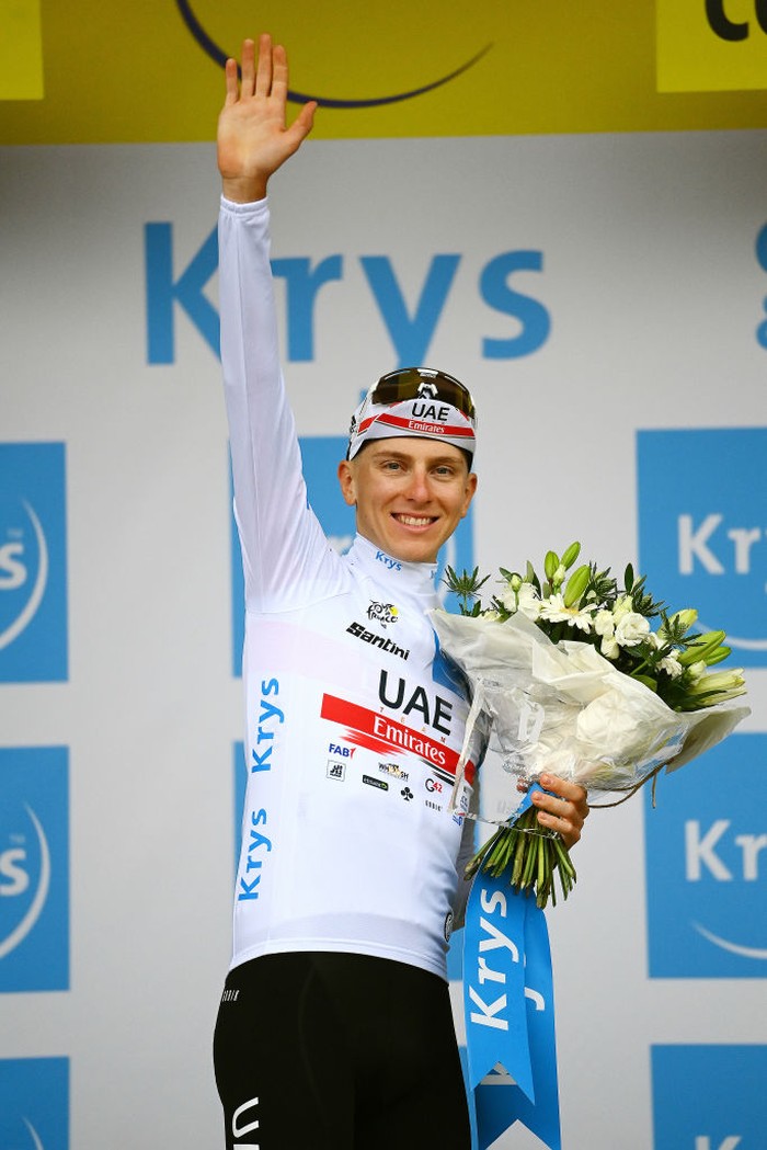 COPENHAGEN, DENMARK - JULY 01: Tadej Pogacar of Slovenia and UAE Team Emirates celebrates at podium as White Best Young Rider Jersey winner during the 109th Tour de France 2022, Stage 1 a 13,2km individual time trial stage from Copenhagen to Copenhagen / ITT / #TDF2022 / #WorldTour / on July 01, 2022 in Copenhagen, Denmark. (Photo by Tim de Waele/Getty Images)