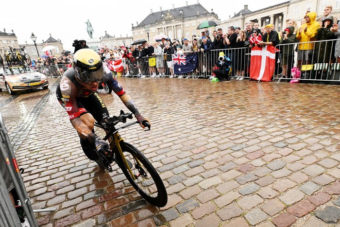 CHASTREIX-SANCY, FRANCE - JUNE 07: (L-R) Primoz Roglic of Slovenia and Team Jumbo - Visma, Ben Alexander O'connor of Australia and AG2R Citröen Team, Tao Geoghegan Hart of United Kingdom and Team INEOS Grenadiers and Jonas Vingegaard Rasmussen of Denmark and Team Jumbo - Visma lead the peloton at the final climb Chastreix-Sancy (1391m) during the 74th Criterium du Dauphine 2022 - Stage 3 a 169km stage from Saint-Paulien to Chastreix-Sancy 1391m / #WorldTour / #Dauphiné / on June 07, 2022 in Chastreix-Sancy, France. (Photo by Dario Belingheri/Getty Images)