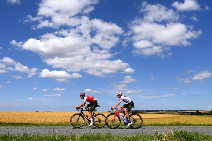 CALAIS, FRANCE - JULY 05: (L-R) Anthony Perez of France and Team Cofidis and Magnus Cort Nielsen of Denmark and Team EF Education - Easypost Polka Dot Mountain Jersey compete in the breakaway during the 109th Tour de France 2022, Stage 4 a 171,5km stage from Dunkerque to Calais / #TDF2022 / #WorldTour / on July 05, 2022 in Calais, France. (Photo by Tim de Waele/Getty Images)