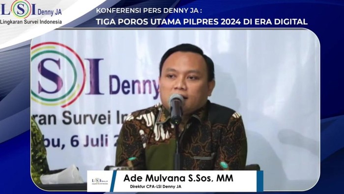 Peneliti LSI Denny JA, Ade Mulyana, saat merilis hasil survei bertajuk Tiga Poros Utama Pilpres 2024 di Era Digital, Rabu (6/7/2022).