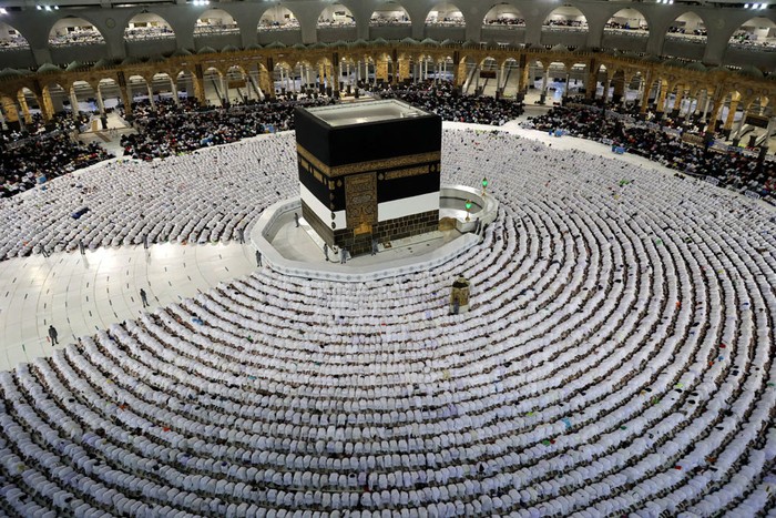Muslim worshippers pray around the Kaaba at the Grand Mosque in Saudi Arabias holy city of Mecca on July 5, 2022. - One million people, including 850,000 from abroad, are allowed to participate in this years hajj -- a key pillar of Islam that all able-bodied Muslims with the means are required to perform at least once -- after two years of drastically curtailed numbers due to the coronavirus pandemic. (Photo by AFP) (Photo by -/AFP via Getty Images)