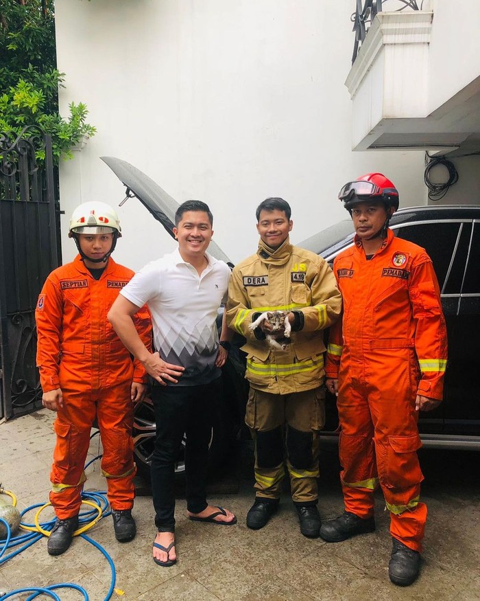 Petugas damkar DKI Jakarta mengevakuasi kucing yang terjebak di mesin mobil. Proses evakuasi dilakukan dengan bantuan anjing olaf milik pemilik mobil. (Instagram @humasjakfire) Petugas damkar DKI Jakarta mengevakuasi kucing yang terjebak di mesin mobil. Proses evakuasi dilakukan dengan bantuan anjing olaf milik pemilik mobil. (Instagram @humasjakfire)