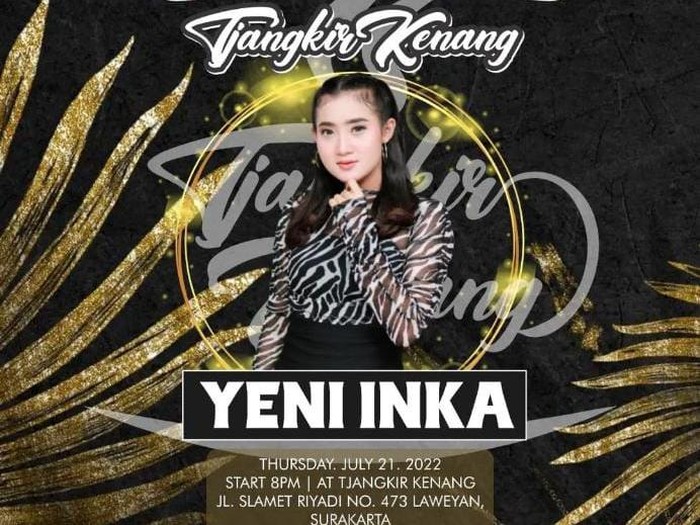 Poster Yeni Inka yang akan tampil dalam acara pembukaan restoran di Kota Solo pada Rabu (21/7/2022) malam.
