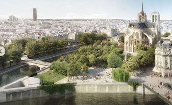 Wali Kota Paris Anne Hidalgo juga berencana memasang sistem pendingin yang akan mampu mengirimkan lembaran tipis air ke alun-alun selama gelombang panas ke suhu yang lebih rendah tanpa menyebabkan potensi banjir. (dok Bureau Bas Smets)